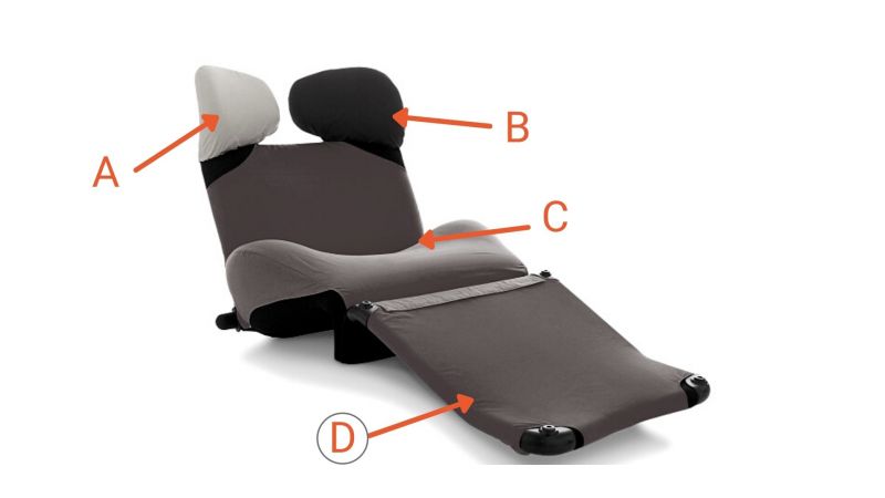 Detailaufnahme: Roter Schonbezug für die Fußstütze des Cassina Wink Sessels, Popeline Stoff.